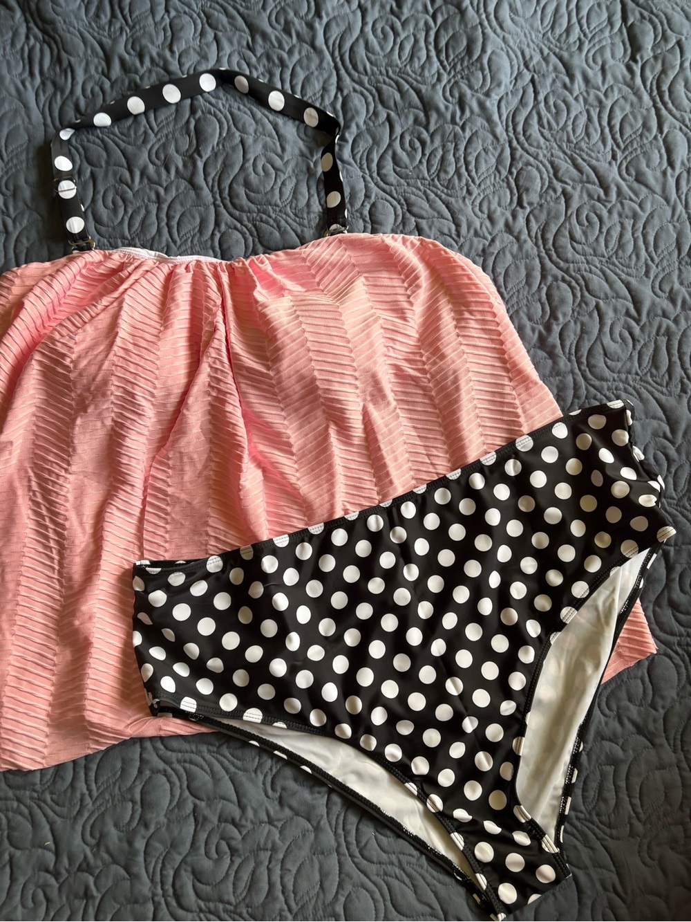 Polka Dot High-Waist Bikini Bottoms with Pink Bandeau Tankini Top